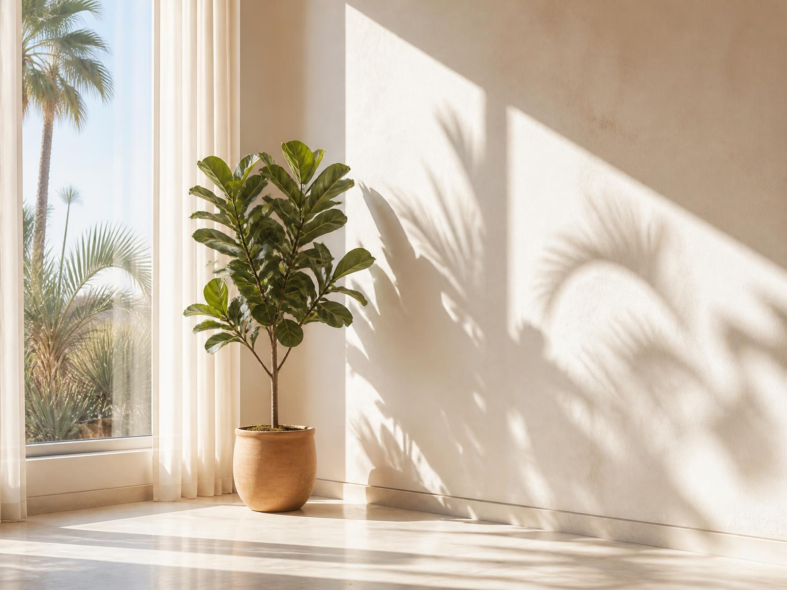 Sunlit interior wall with palm frond shadows, a tall curtained window and a fiddle leaf fig in a clay pot